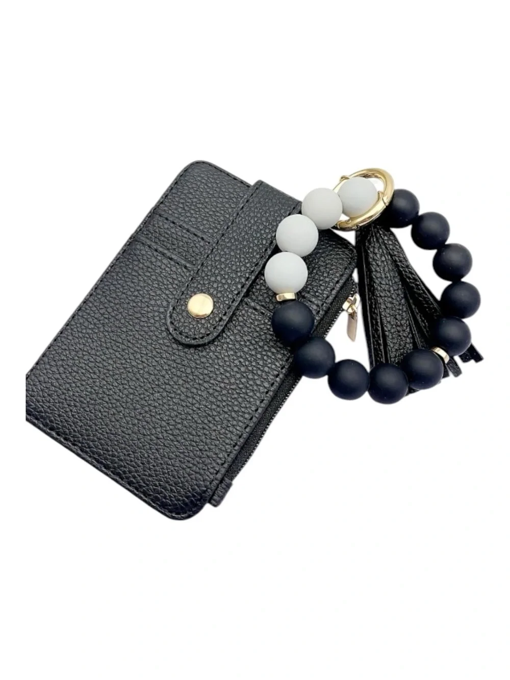 Black Wristlet Card Holder Keychain with Matte Black & White Bead Bracelet
